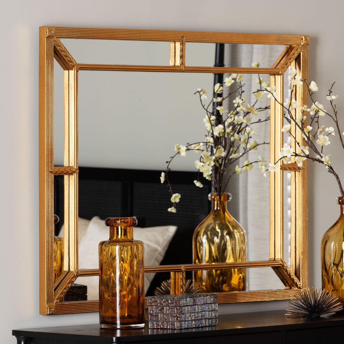 Iskra Rectangular Mirror with Antique Goldleaf Frame - Modern Decorative Wall Accent for Living Room, Bedroom, or Entryway