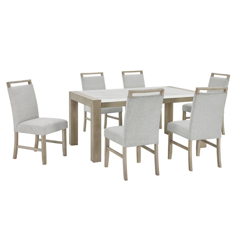Tabitha 7Pc 66" Rectangular White Faux Marble Top Dining Set in Light Oak Finish