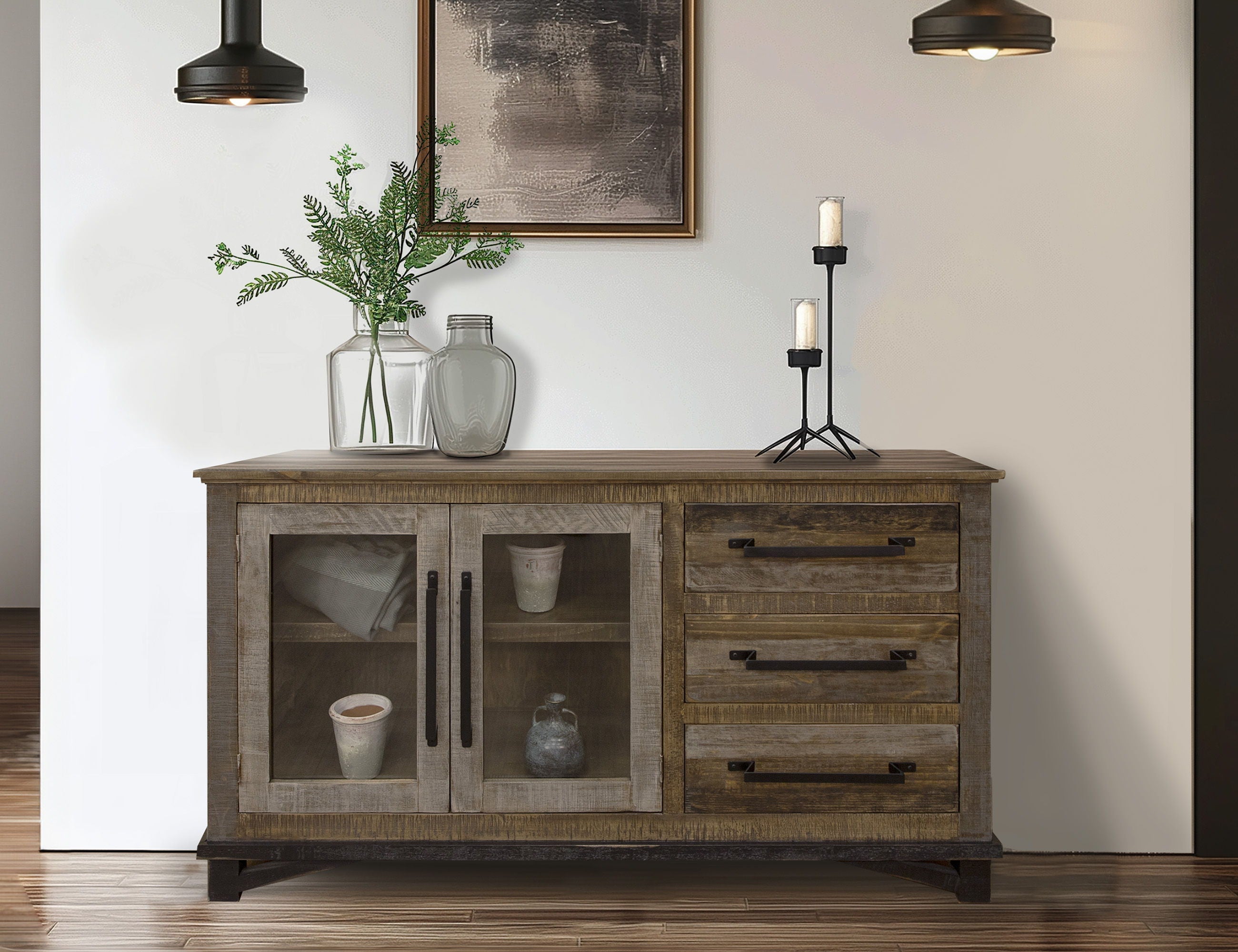 International Furniture Direct Loft Brown - 60” Buffet With 3 Drawer / 2 Doors - Two Tone Gray / Brown | Meri Furniture