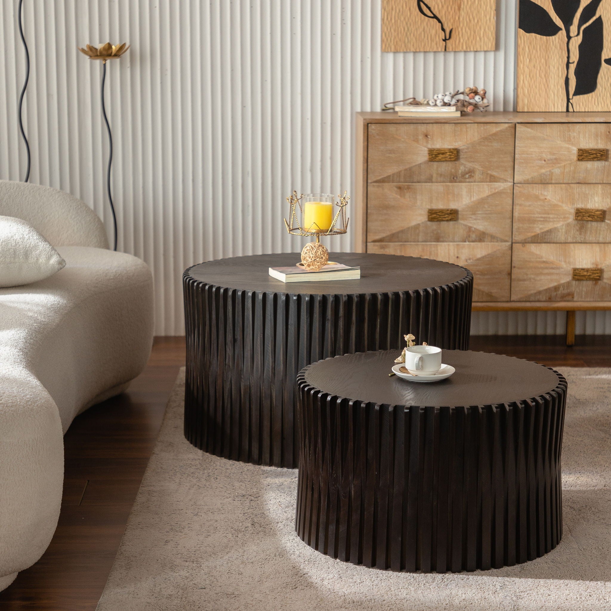 Cylindrical Coffee Table With Vertical Texture Relief