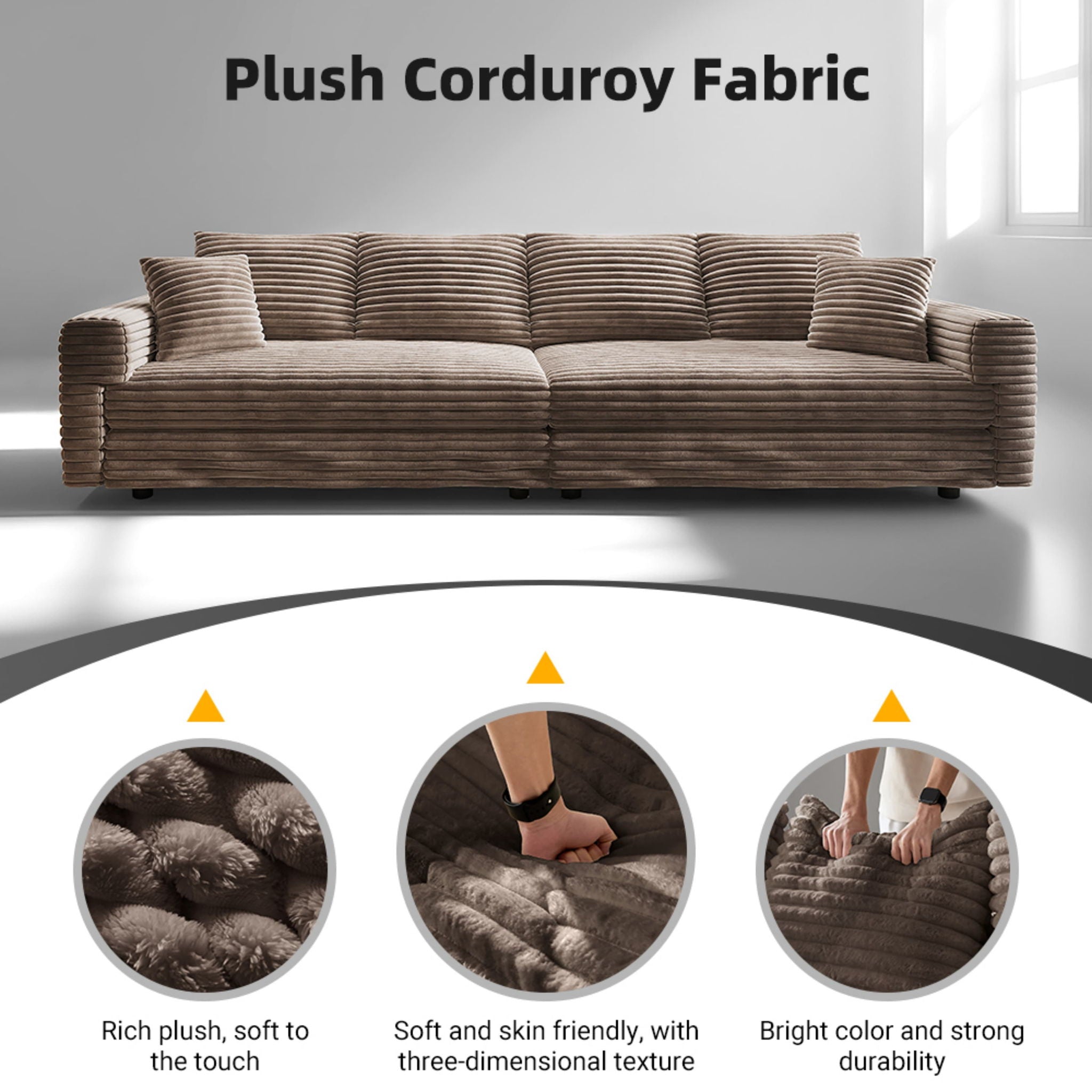 Plush Corduroy 4 Seat Sofa, Modern Comfy Upholstered Sofa Cloud Couch, Deep Seat Couches With Soft Pillows