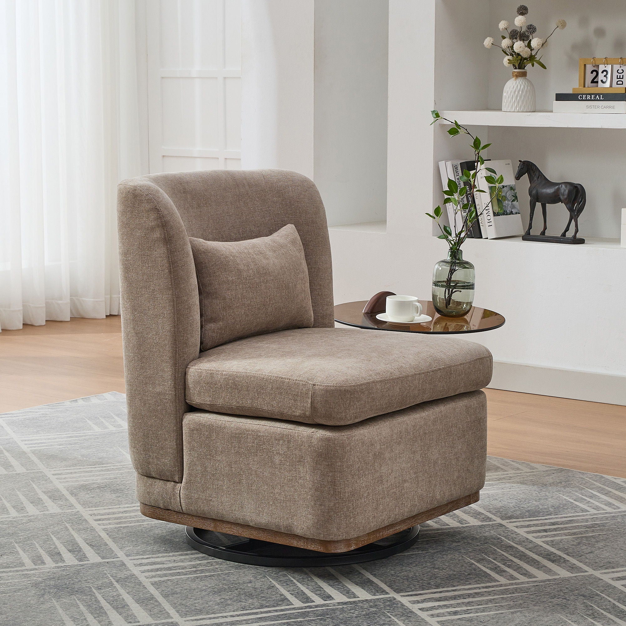 Wide Modern Chenille Cushioned Armless Metal Base 360° Swivel Chair With Pillow
