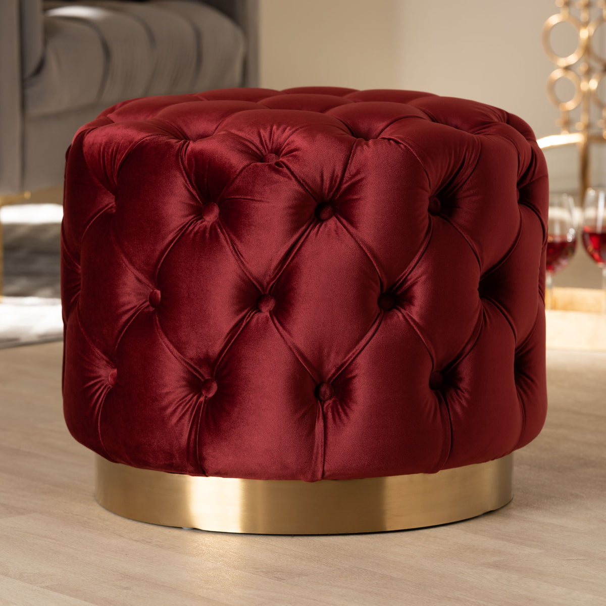 Valeria Glam Burgundy Red Velvet Fabric Upholstered Gold-Finished Button Tufted Ottoman
