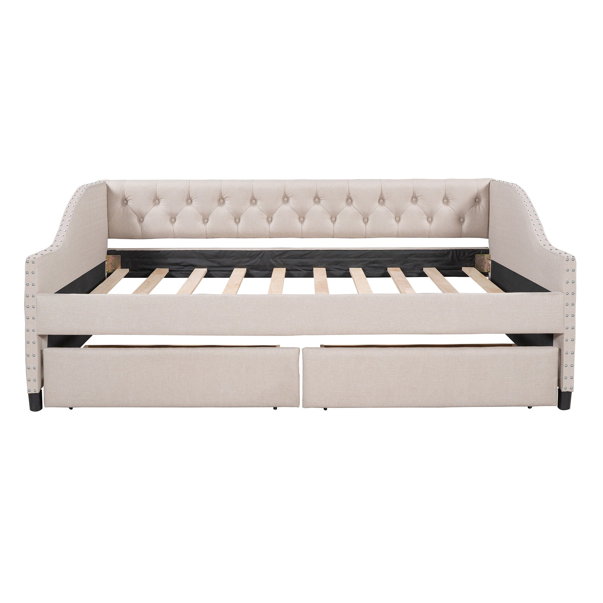 Upholstered Daybed With Two Drawers, Wood Slat Support