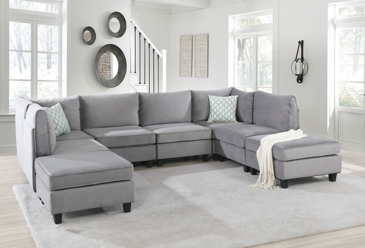 Simona 120"W Gray Velvet 8Pc Modular Sectional Sofa