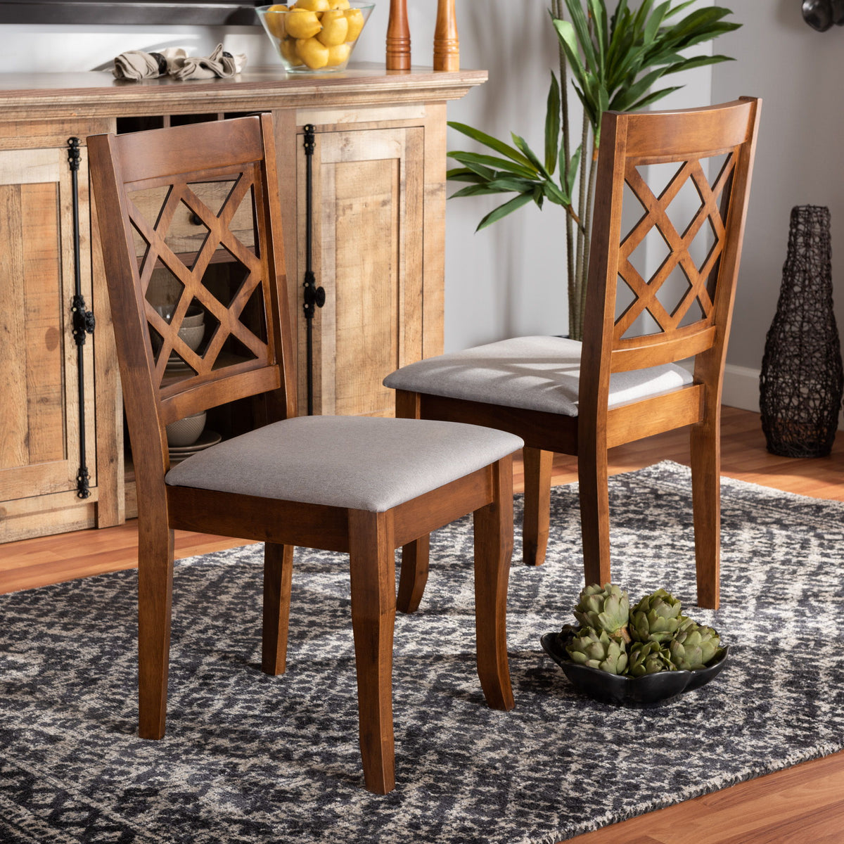 Verner Modern and Contemporary Grey Fabric Upholstered Walnut Finished Wood 2-Piece Dining Chair Set