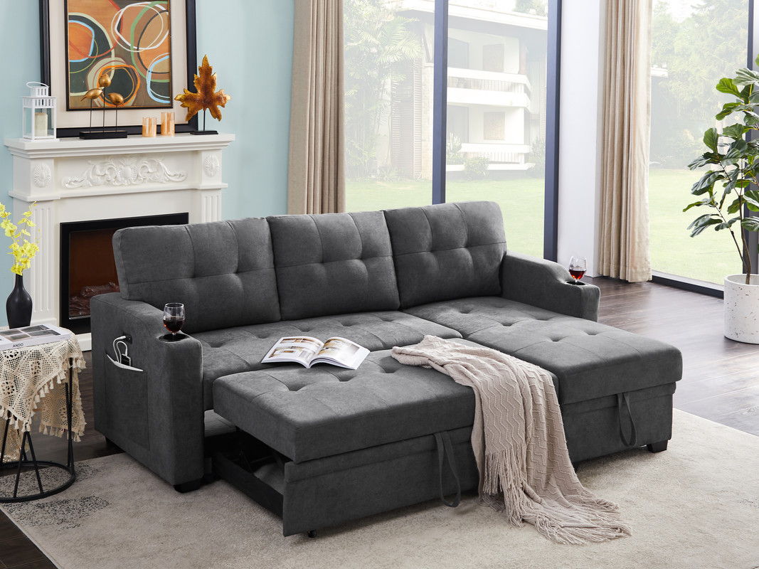 Mabel 83"W Dark Gray Woven Fabric Sleeper Sectional with cupholder, USB charging port and pocket