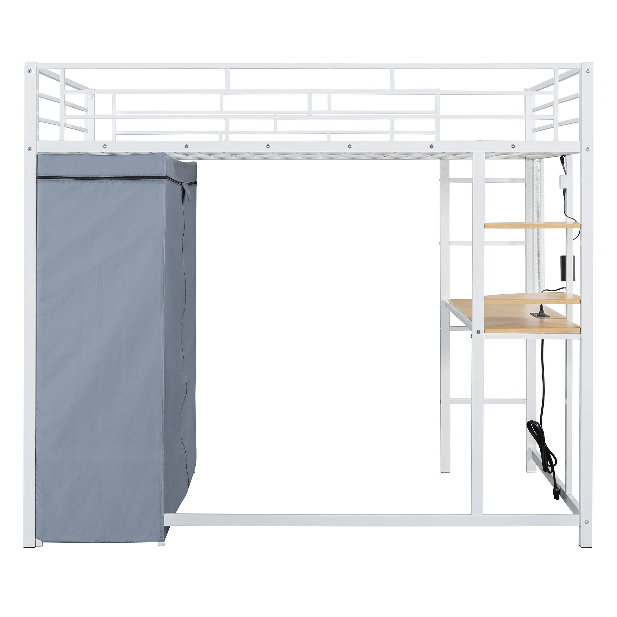 Loft Bed With Desk, Shelves, Power Outlet, LED Light And Wardrobe