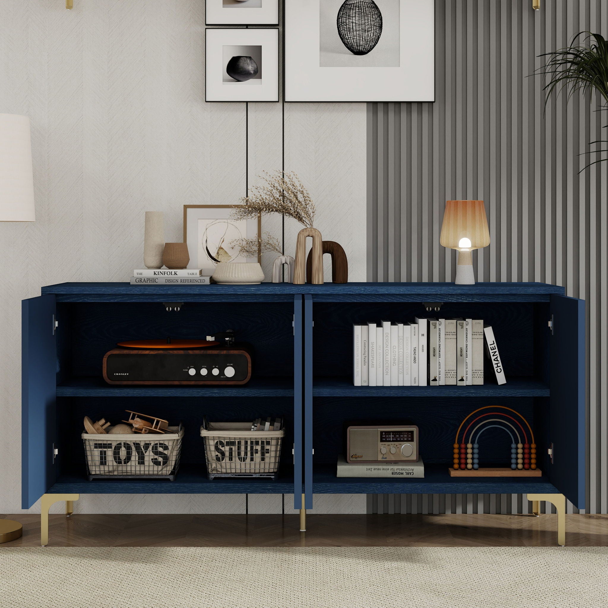 Modern 4 Door Sideboard With Creative Carved Surface And Adjustable Shelves
