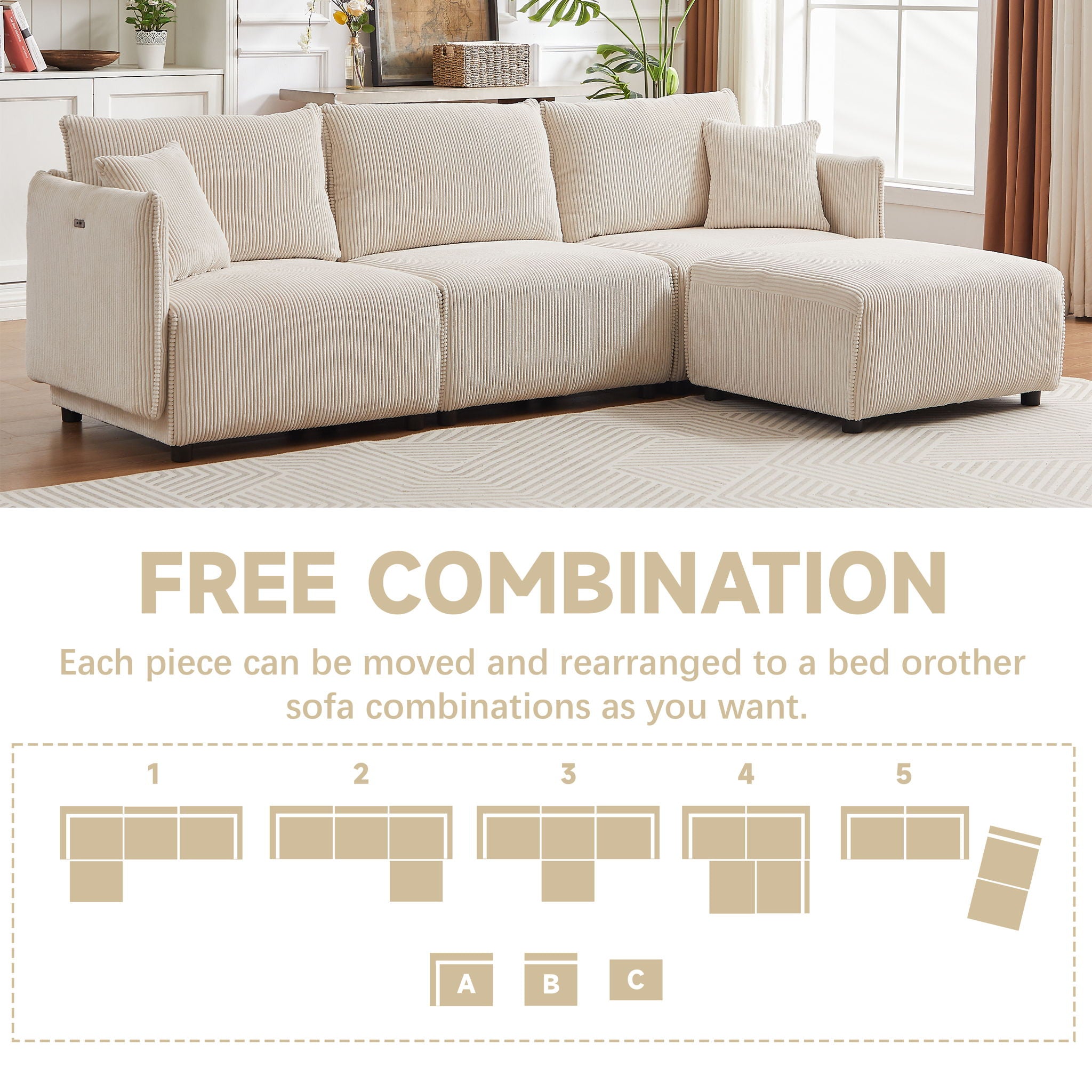 Modern Minimalist Corduroy Combination Sofa With 2 Comfort Cushions With USB & C Charging Ports