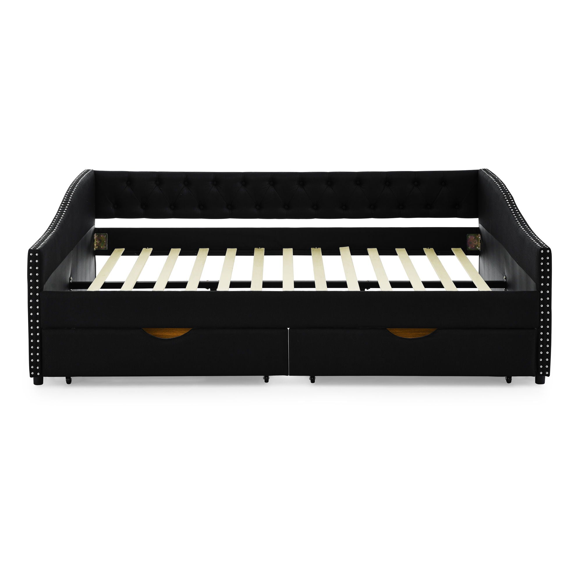 Upholstered Tufted Daybed With 2 Drawers, Waved Arms