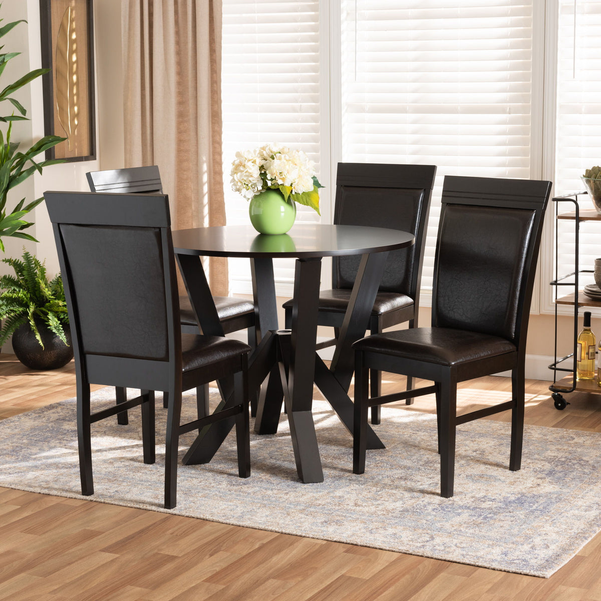 Nada Modern and Contemporary Dark Brown Faux Leather Upholstered and Dark Brown Finished Wood 5-Piece Dining Set