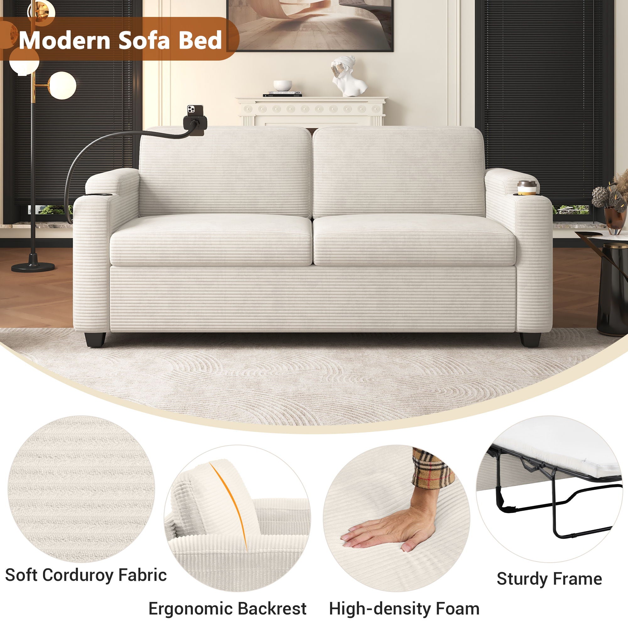 Corduroy Sleeper Sofa Loveseat Sofa With Full Size Mattress, 2 USB Ports, 2 Cup Holders, 2 Side Pockets And Phone Holder