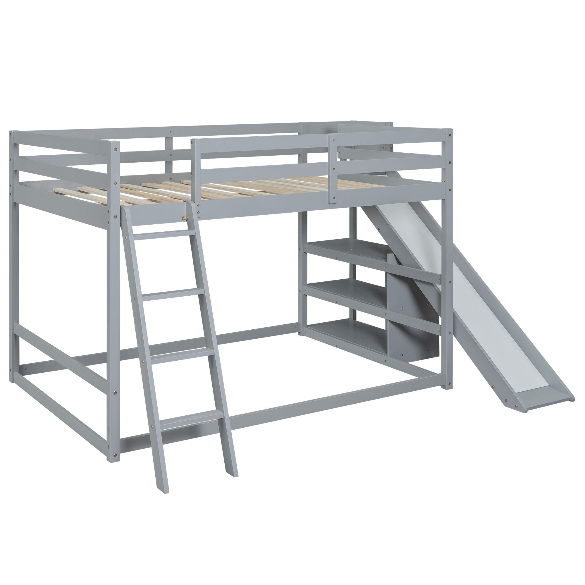 Bunk Bed With Ladder, Slide, And Shelves Pine Wood