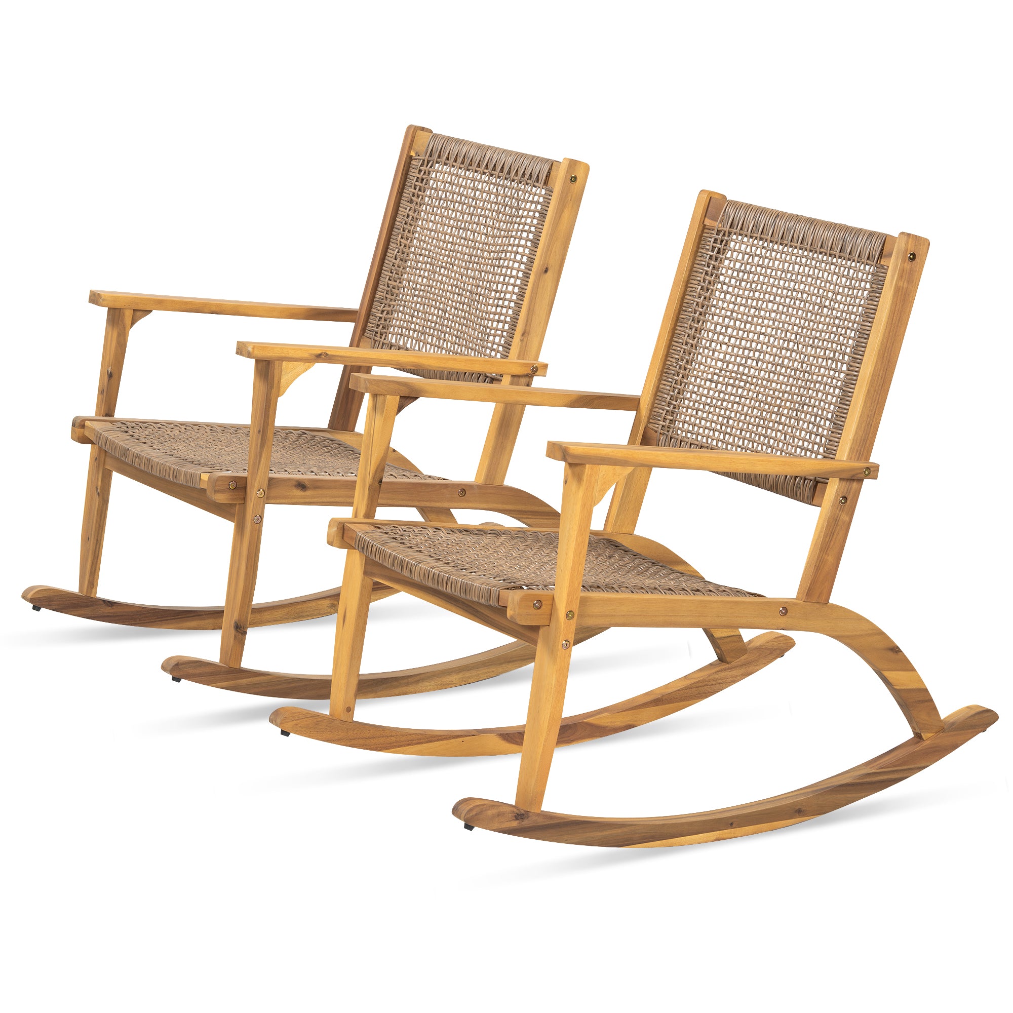 2-Pieces Patio Rocking Chair Set, Acacia Wood Outdoor Rockers with Wicker Rattan Seat & Backrest