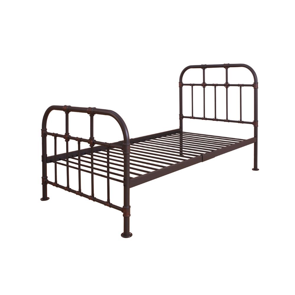ACME With Industrial and vintage style the Nicipolis bed collection features sandy gray metal open frame, complemented by pipe castings with dark bronze hand brush accent. This collection will be a good choice for whom is seeking for a simple style bedroo