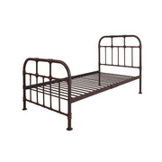 ACME With Industrial and vintage style the Nicipolis bed collection features sandy gray metal open frame, complemented by pipe castings with dark bronze hand brush accent. This collection will be a good choice for whom is seeking for a simple style bedroo