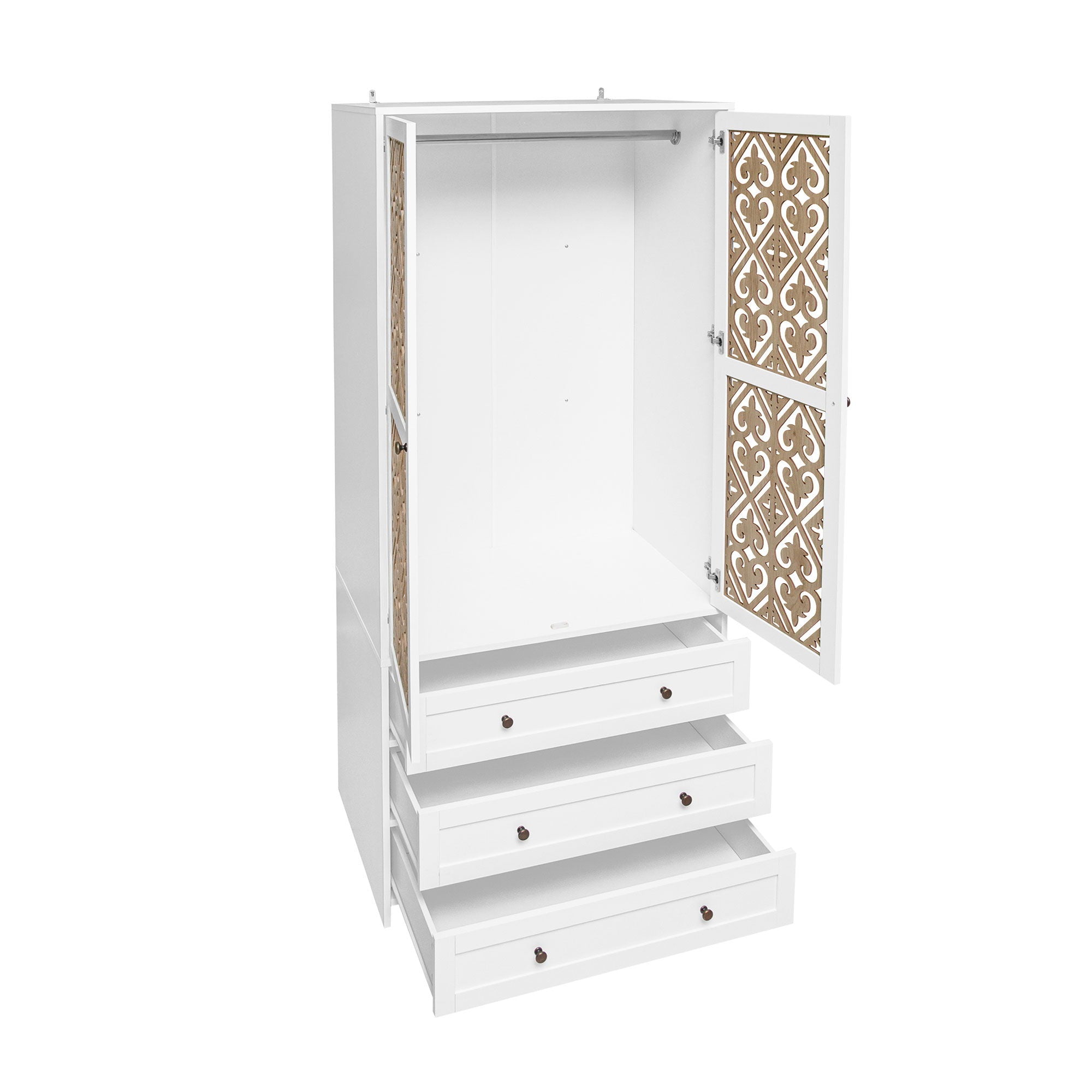 Hollow Pattern 2 Door 3 Drawer Wardrobe, The Collision Of Wood Color, Suitable For Bedrooms And Dressing Rooms - White