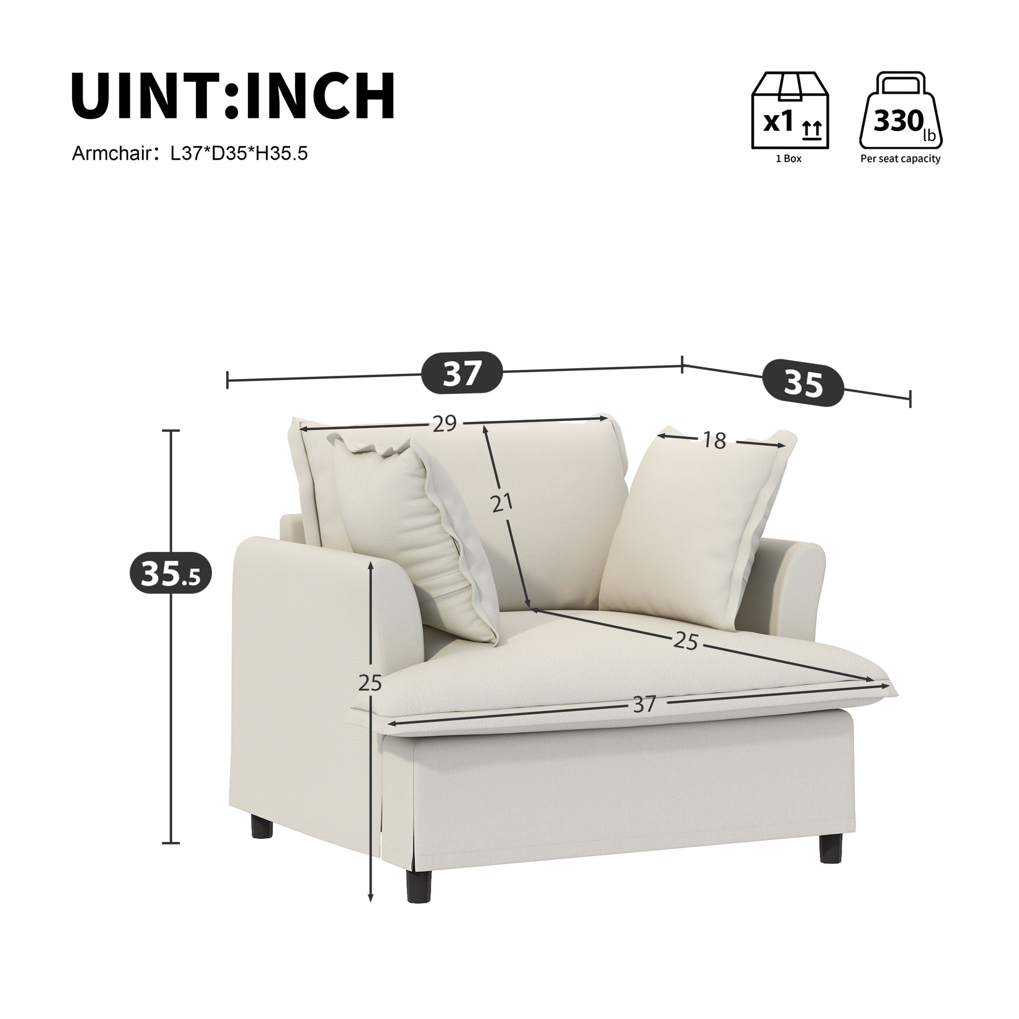 Oversized Single Seat Sofa Module For Modular Sectional Wide Seat, Armchair With Pillows Modern Upholstered Comfy Single Couch Lounge