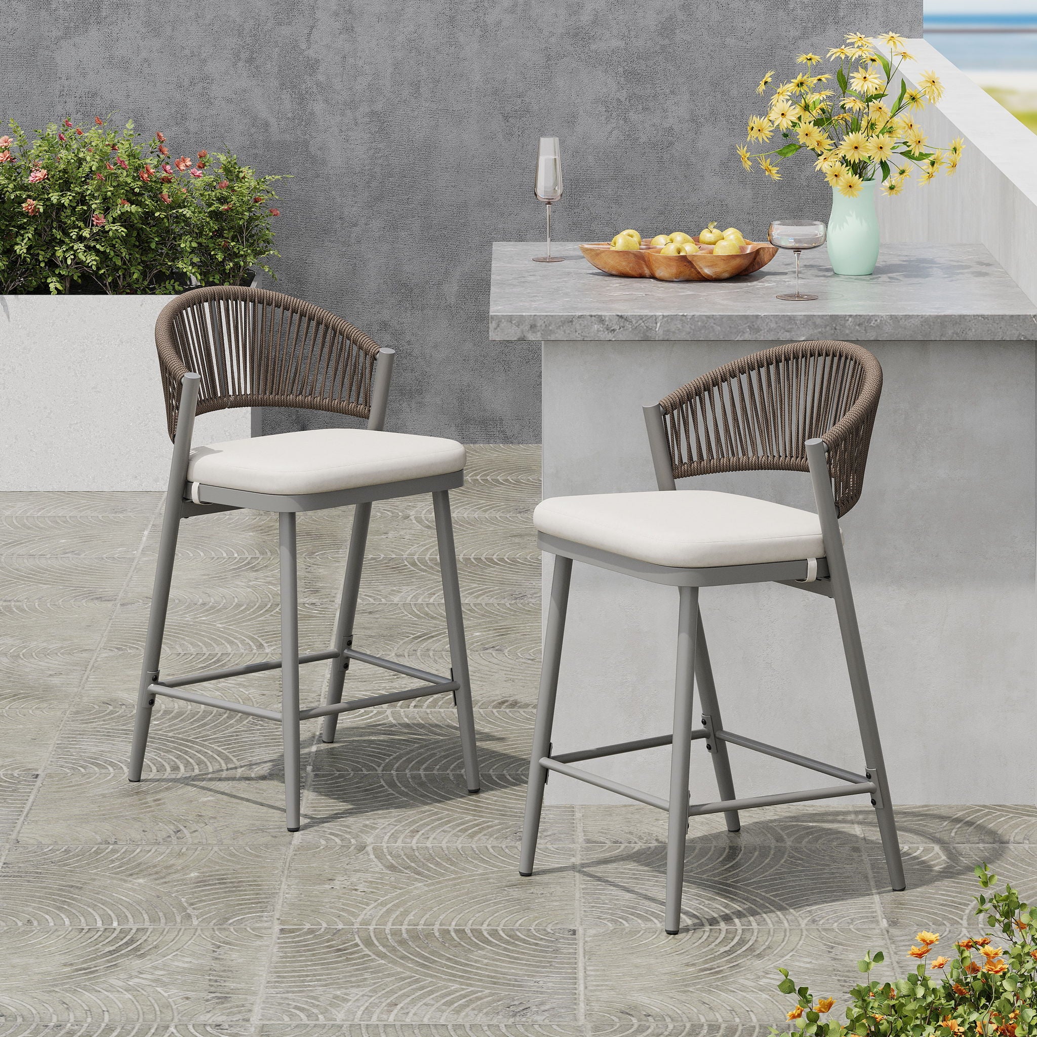 Outdoor 26" Counter Height Metal Frame Counter Stools With Scallop Shaped Backrest & Water Resistant Cushions