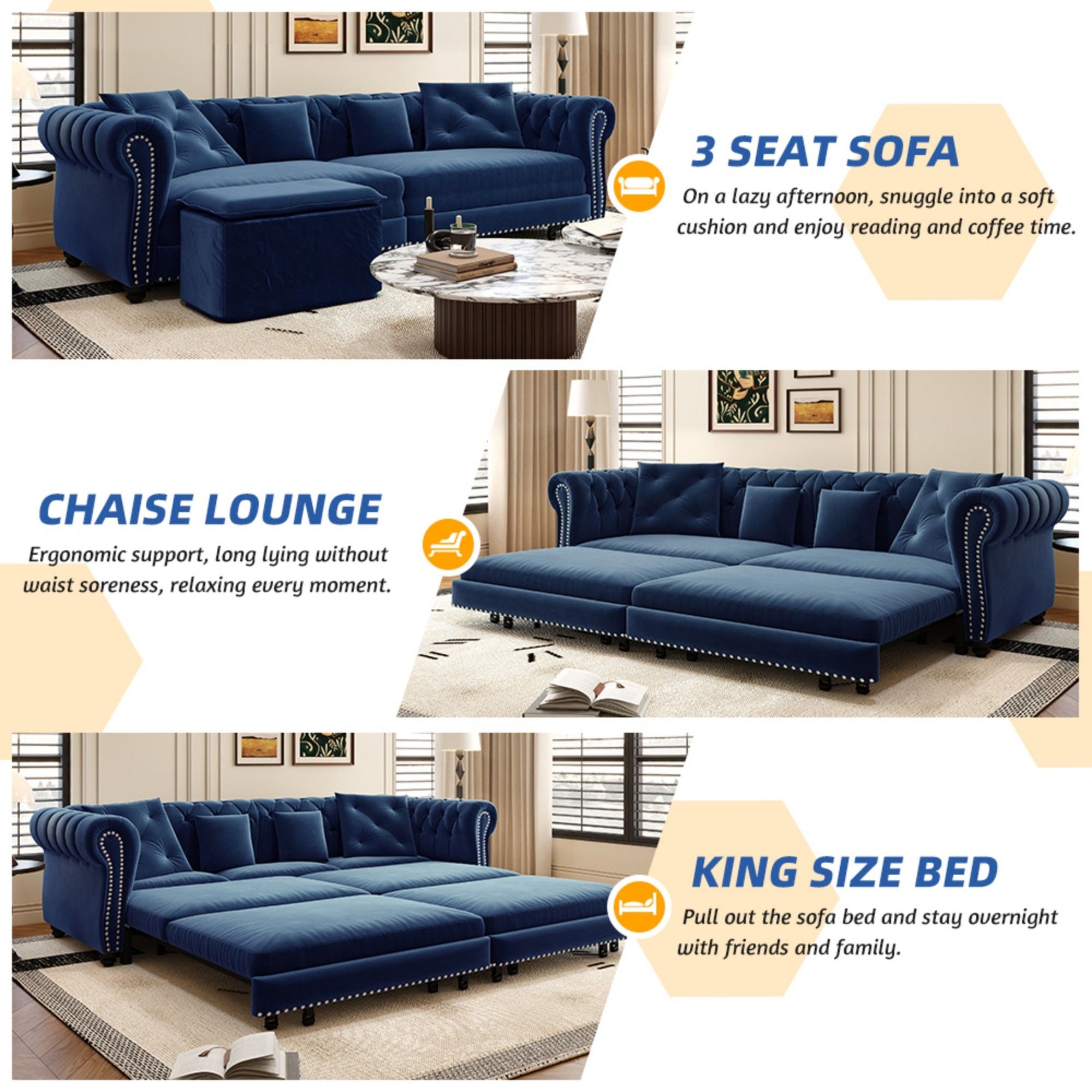 3 In 1 Convertible Sleeper Sofa Bed With Movable Ottoman