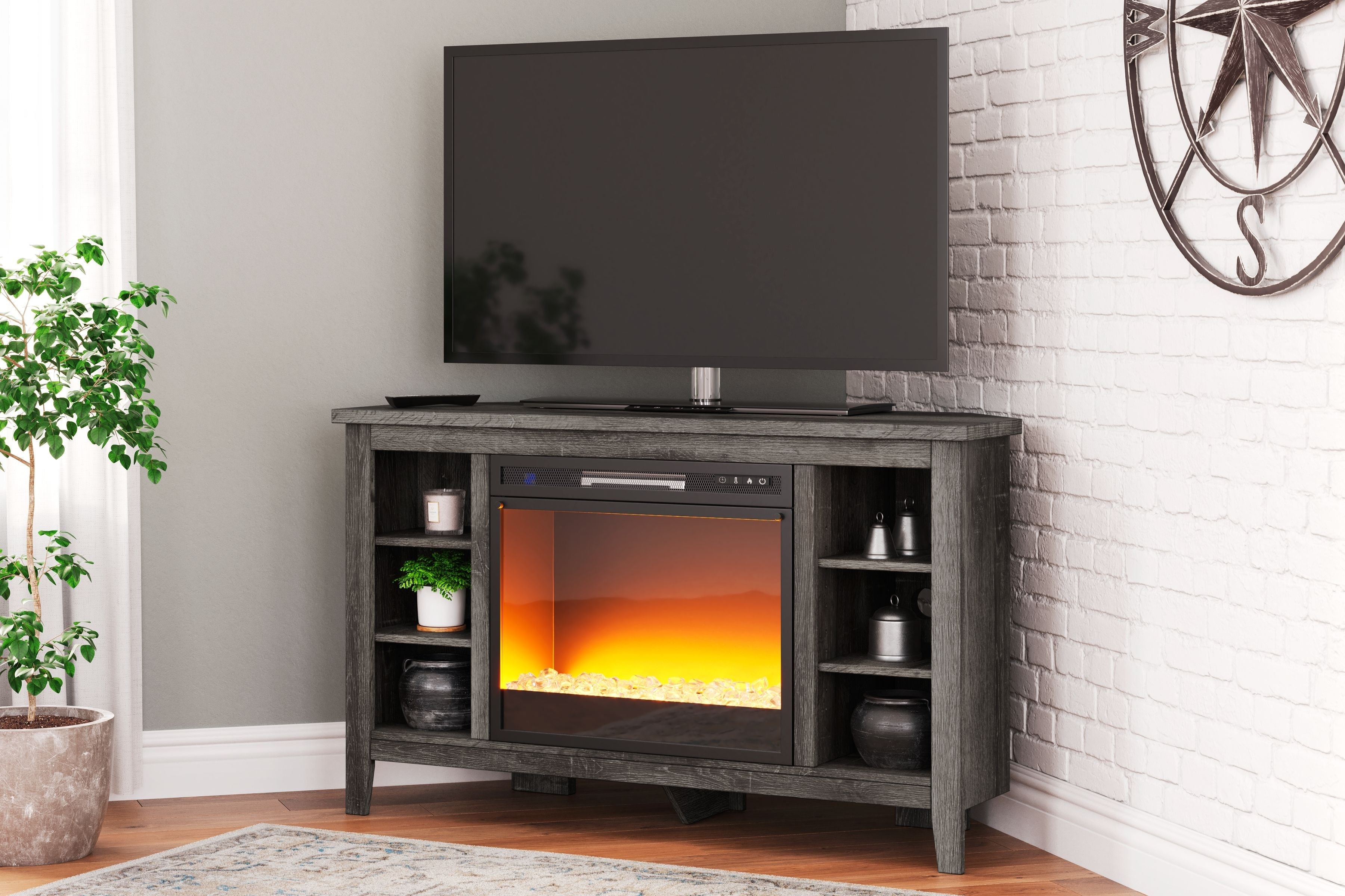 Signature Design by Ashley® Arlenbry - Gray - Corner TV Stand With Glass/Stone Fireplace Insert | Meri Furniture