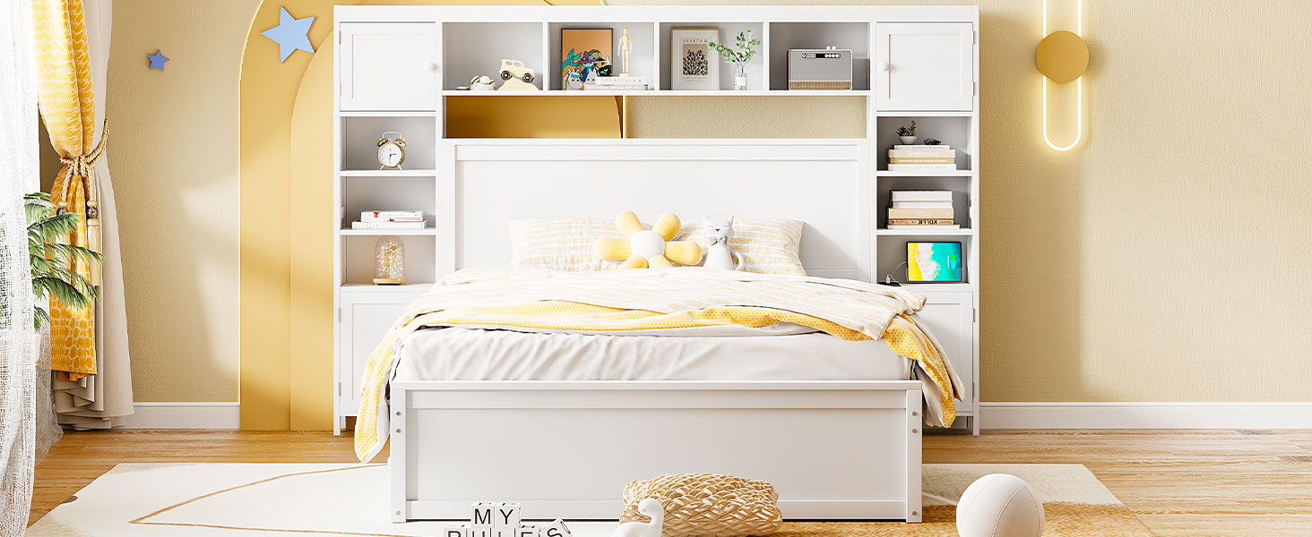 Bed With All In One Cabinet, Shelf And Sockets, Twin Long Trundle