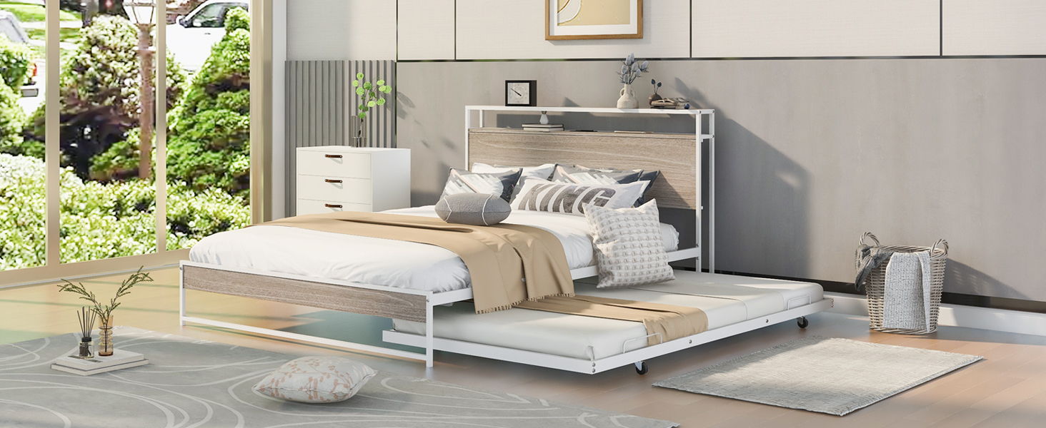 Platform Bed Frame With Trundle, USB Ports And Slat Support, No Box Spring Needed