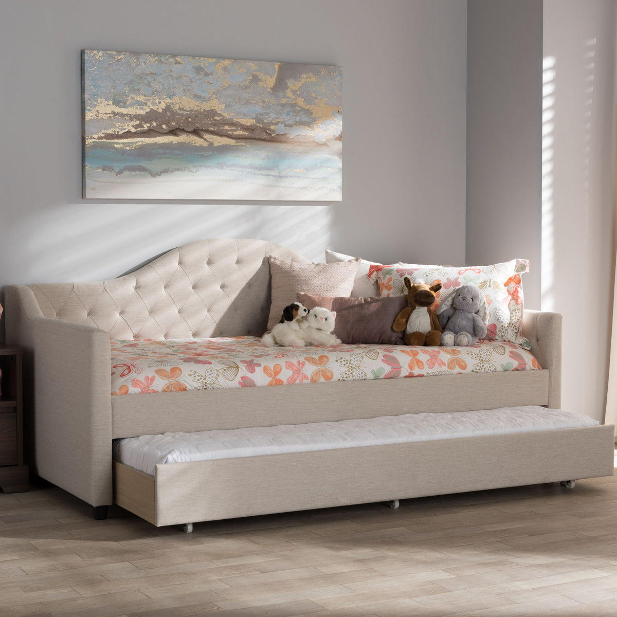 Perry Modern and Contemporary Light Beige Fabric Daybed with Trundle