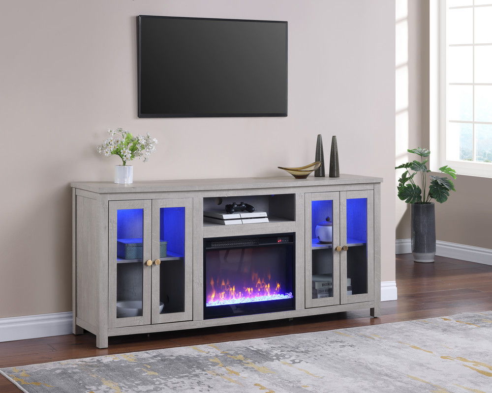 Ellington 70"W White Walnut Finish Fireplace TV Stand Console with Heater, LED Light, Cabinets, Shelves