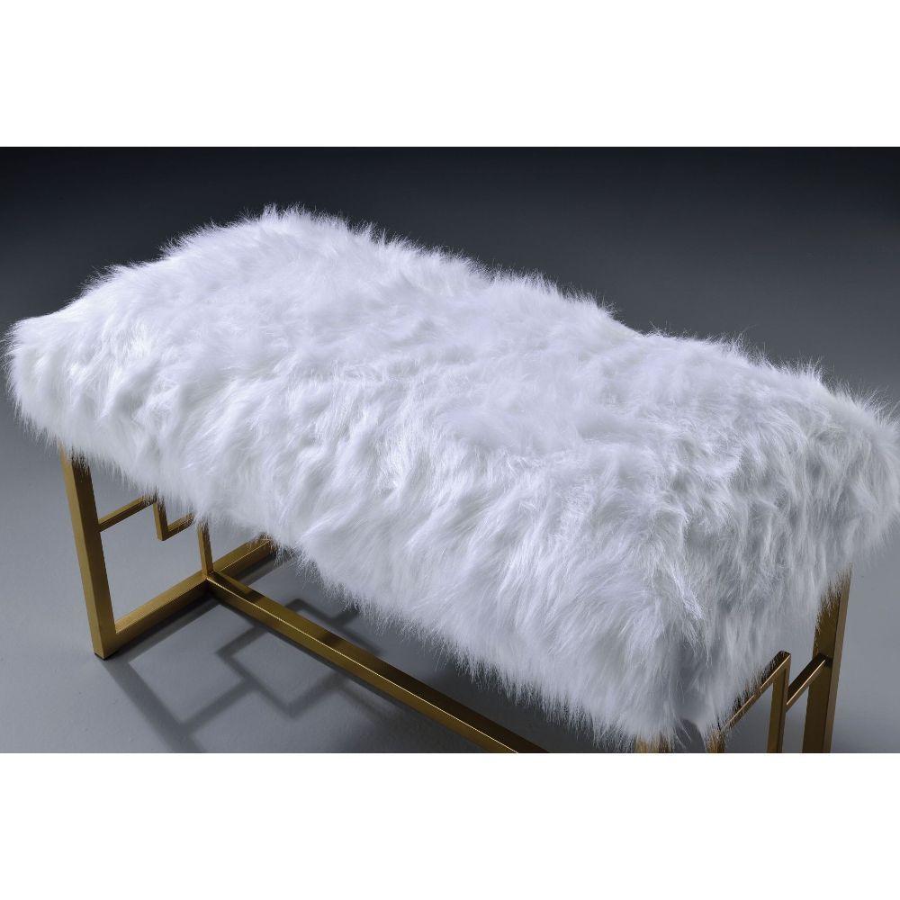 ACME Bagley II - Bench - White Faux Fur & Gold - 21" | Meri Furniture