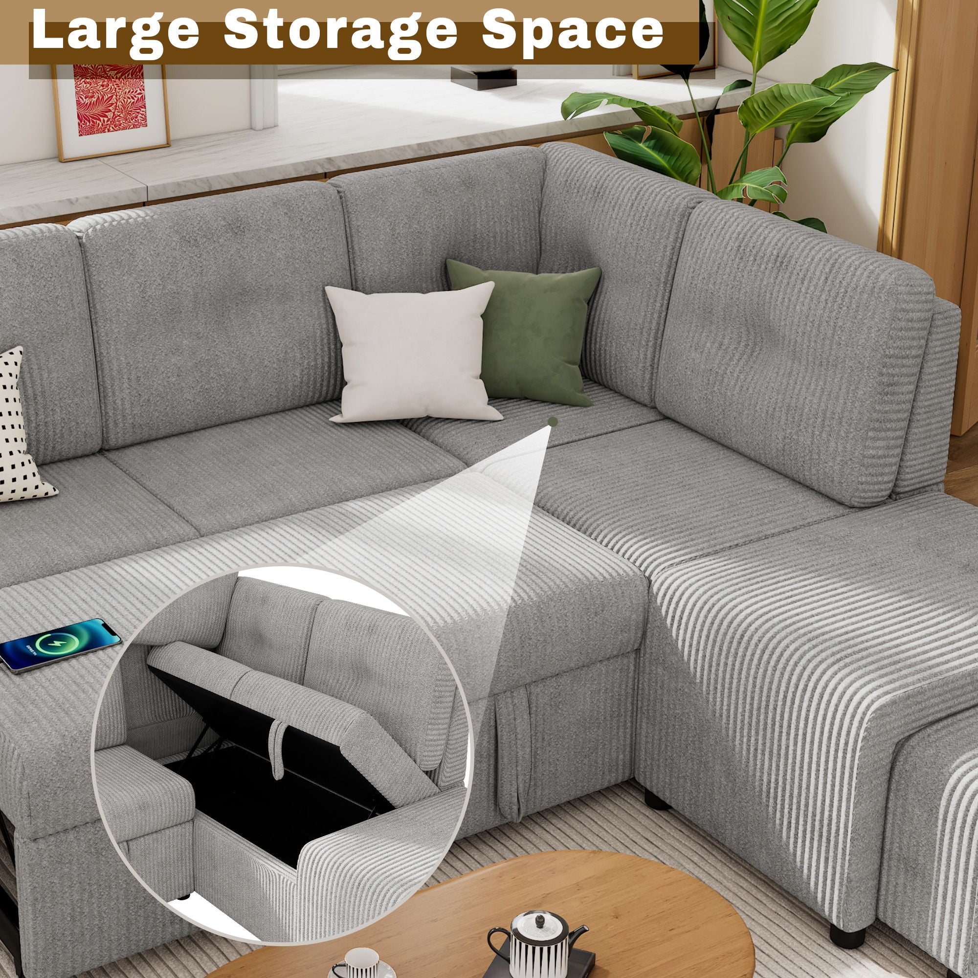 Pull-Out L-Shaped Sectional Sofa With Movable Ottoman And Stool, Large Storage Space, A Cup Holder, And 2 USB Ports For Living Room
