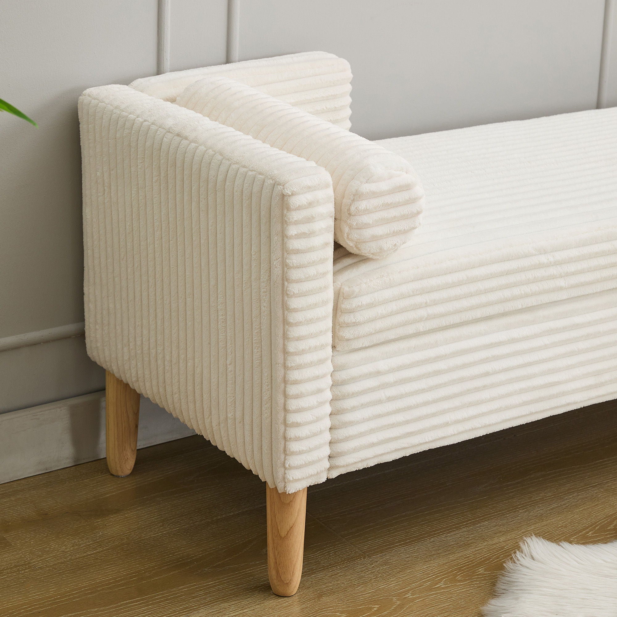 Wide Corduroy Storage Soft Bench With Armrests, Backrest And Two Bolster Pillows