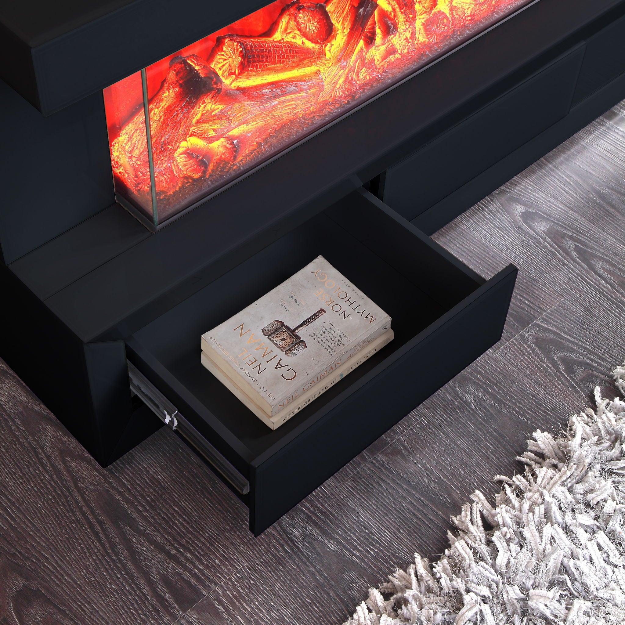 Dorian 71"W Black Finish TV Stand with Fireplace and Speaker