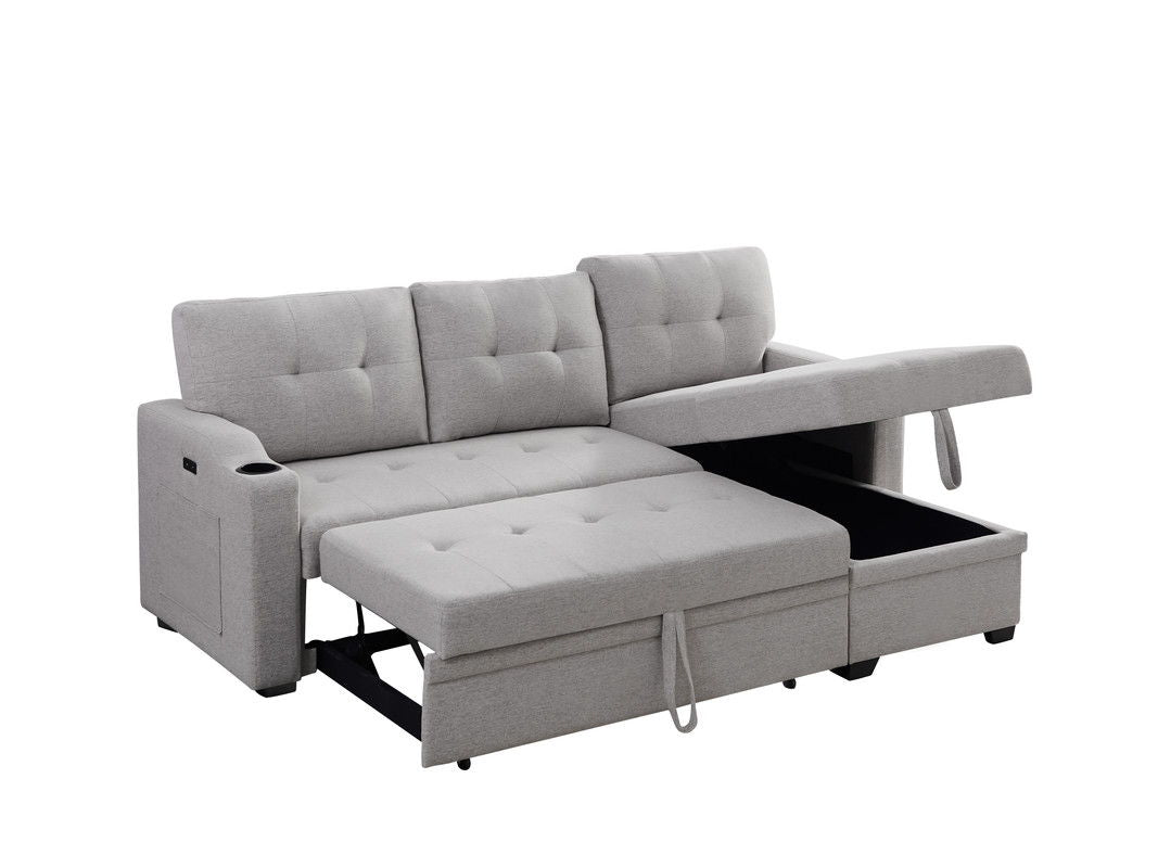 Mabel 83"W Light Gray Linen Fabric Sleeper Sectional with cupholder, USB charging port and pocket