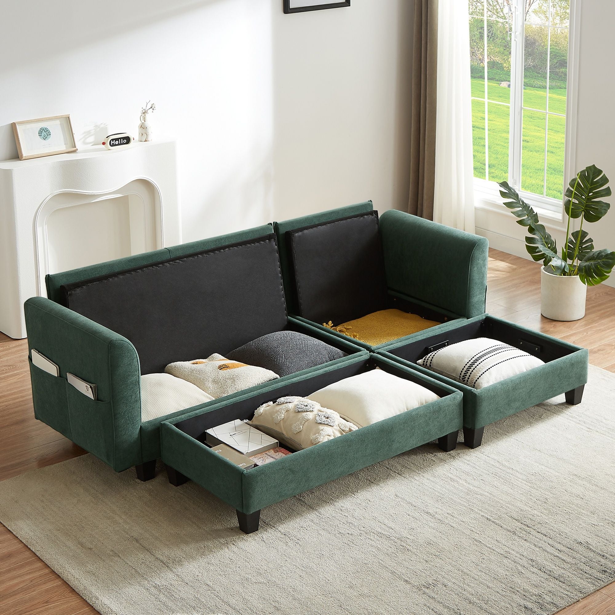 Upholstered L Shaped Sectional Sofa With Storage, Movable Ottoman, And 6 Throw Pillows