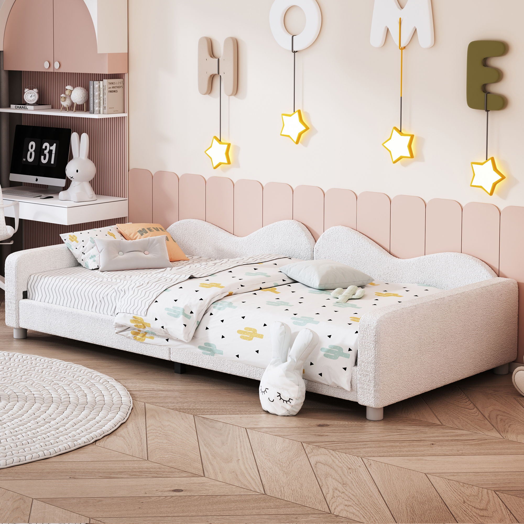 Upholstered Daybed, Sherpa Fabric Sofabed With Cloud-Shaped Backrest