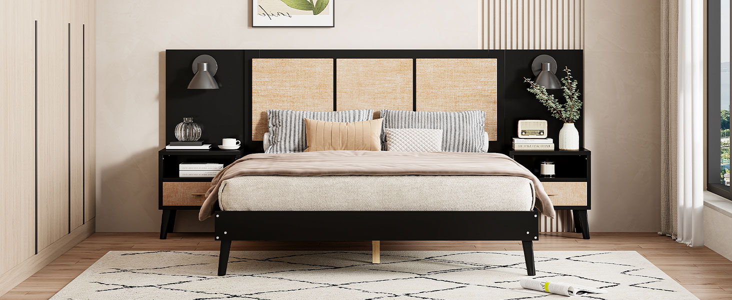 Bed Frame With 2 Nightstands Elegant Design With Lamps