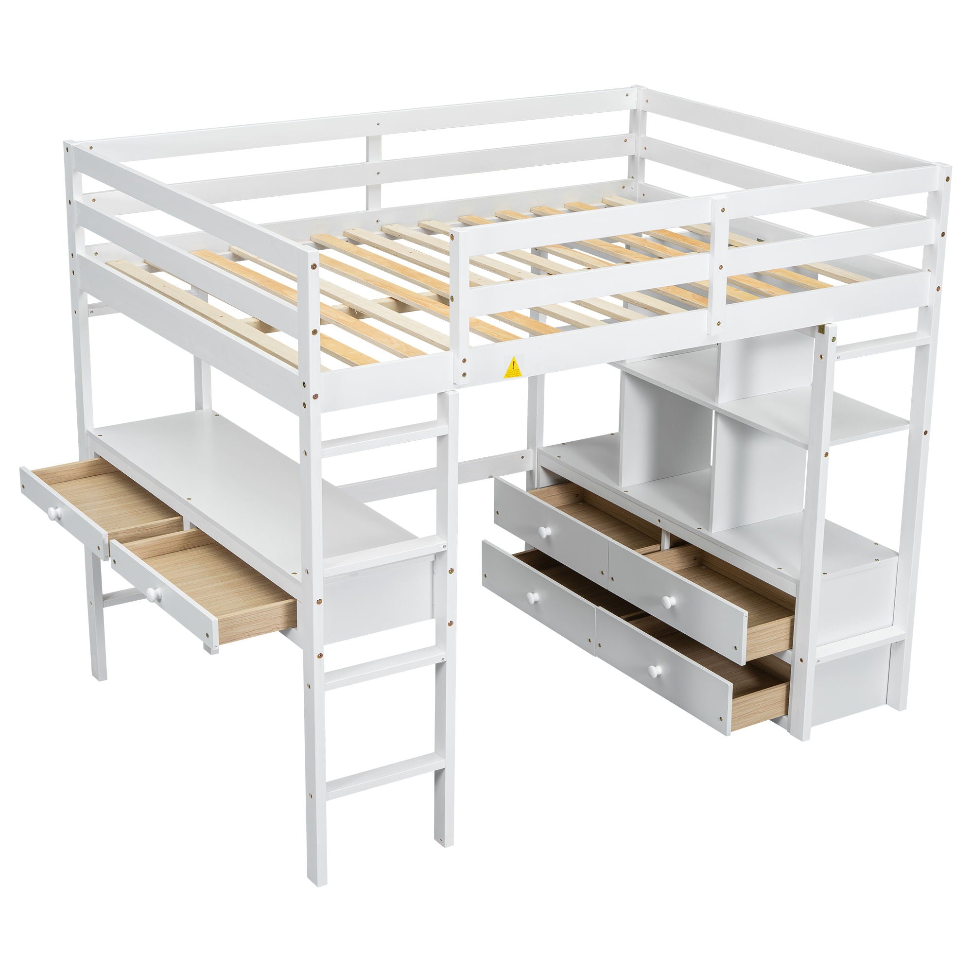 Full Size Loft Bed With Built In Desk, 2 Drawers, Storage Shelves - White
