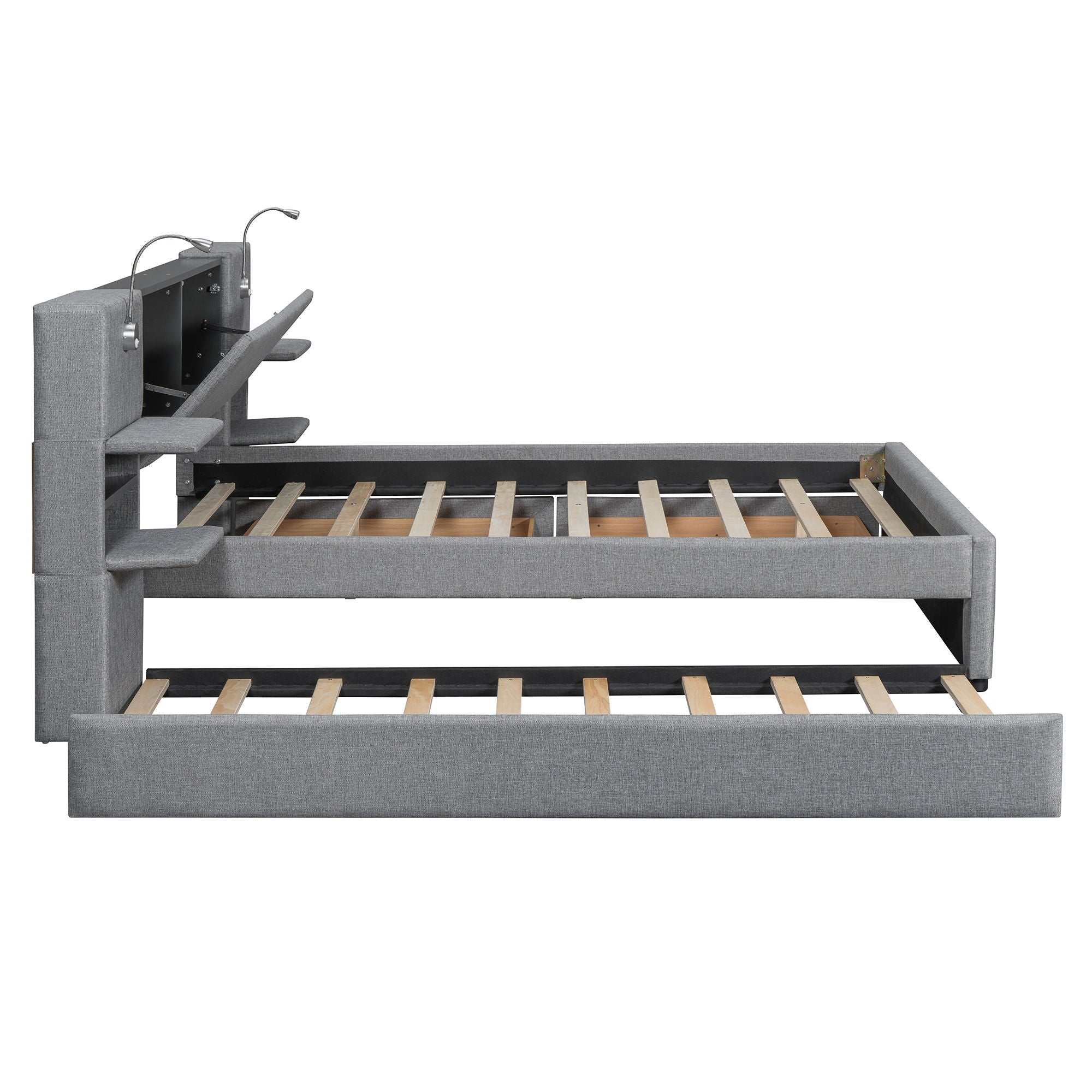 Upholstered Platform Bed With Reading Lights, Drawers, Trundle And Shelves