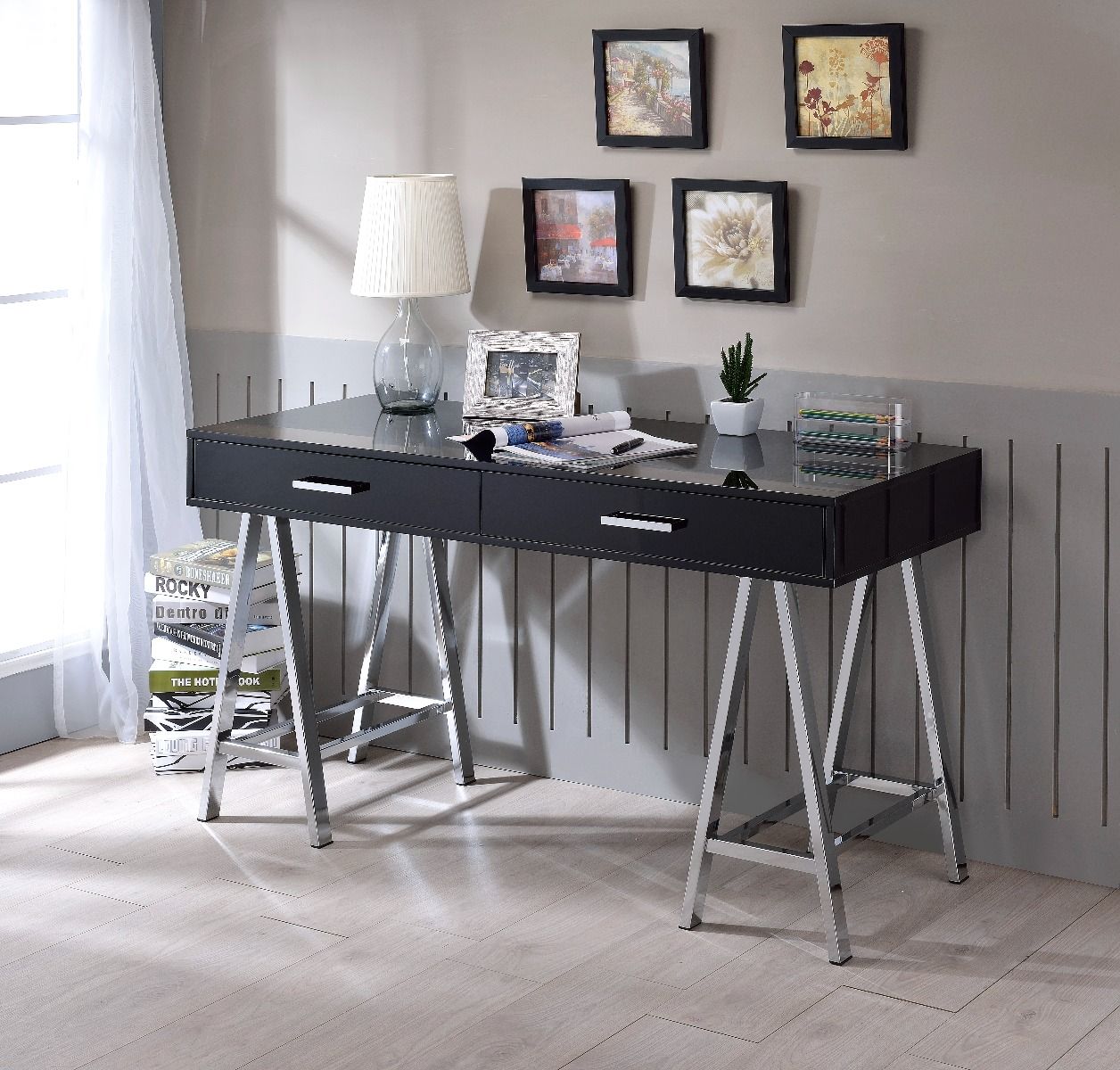 ACME Coleen - Desk - Black High Gloss & Chrome Finish | Meri Furniture
