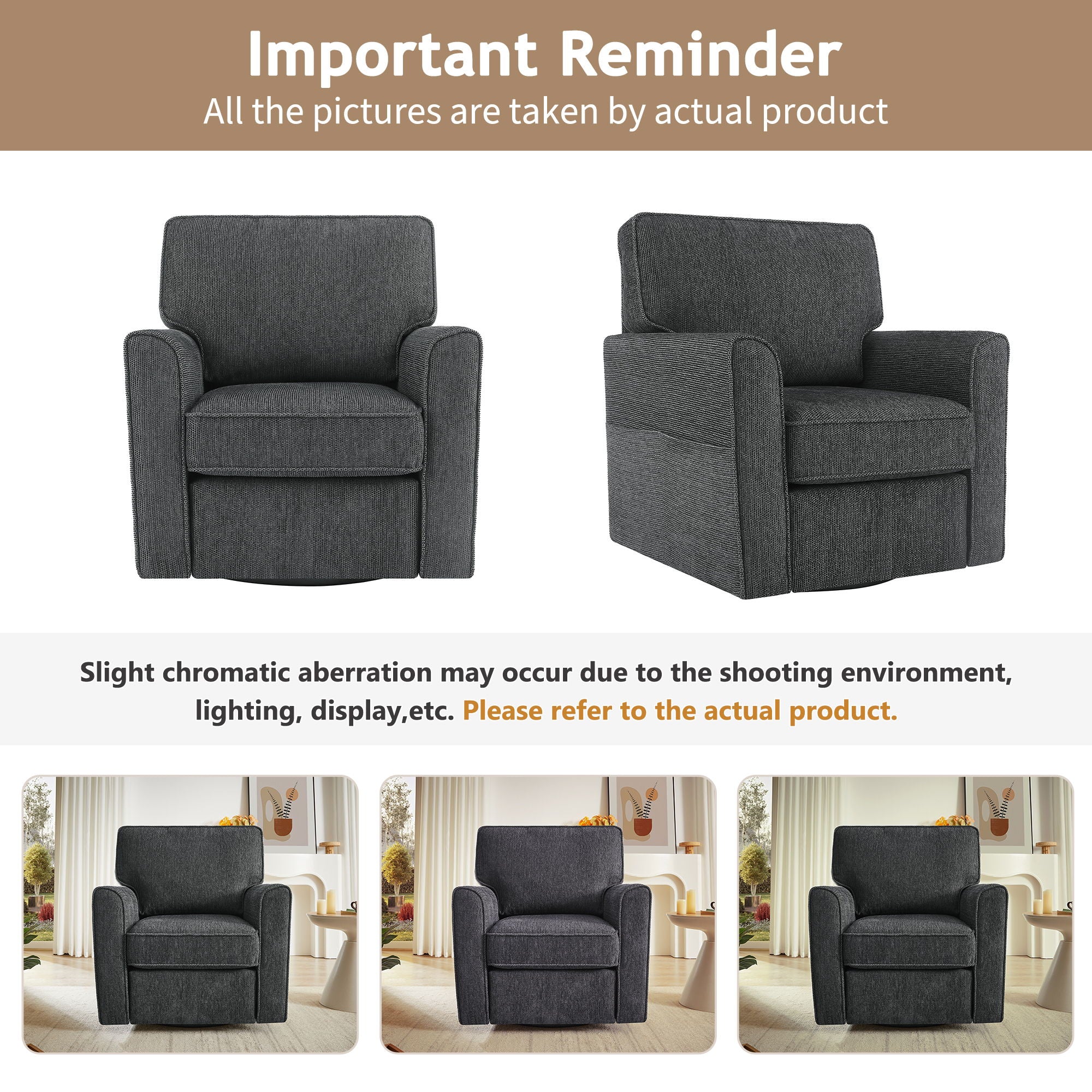 360° Swivel Accent Barrel Armchair With Side Pockets, Compact Design