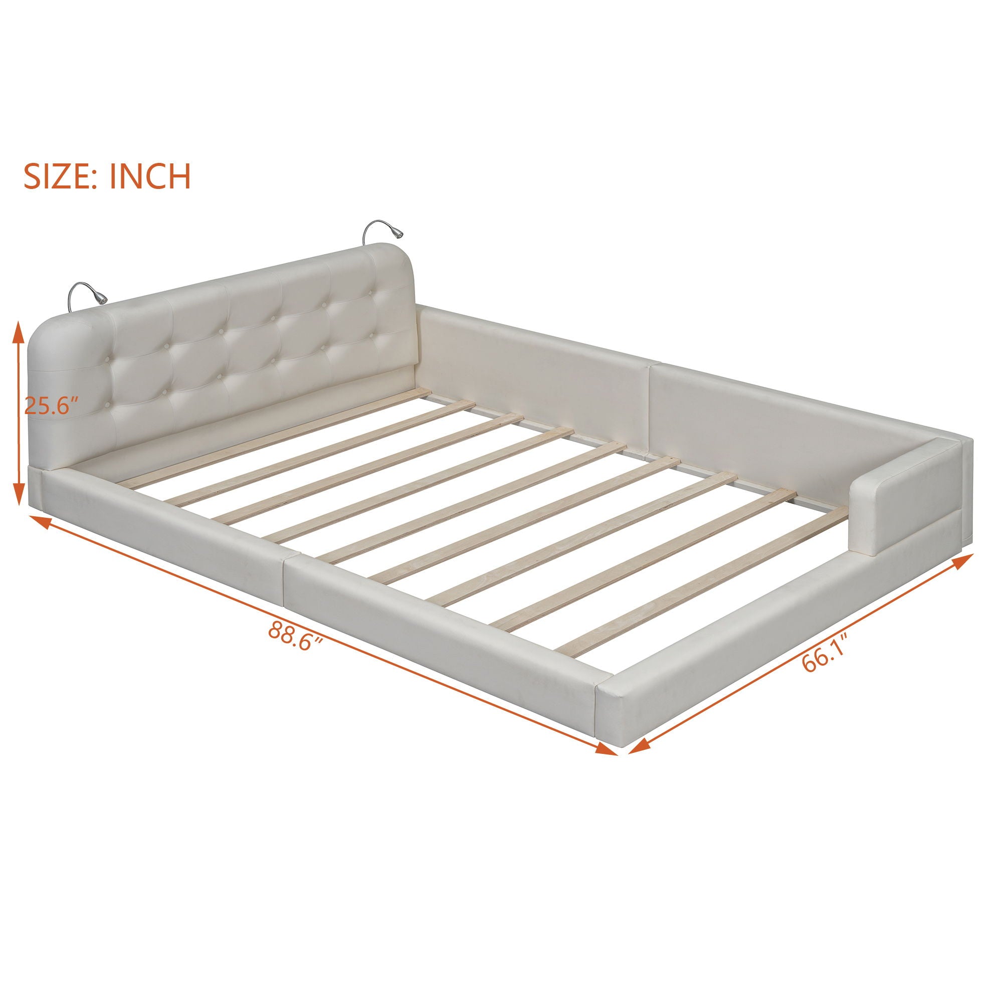 Queen Size Upholstered Platform Bed With 2 Reading Lights - White