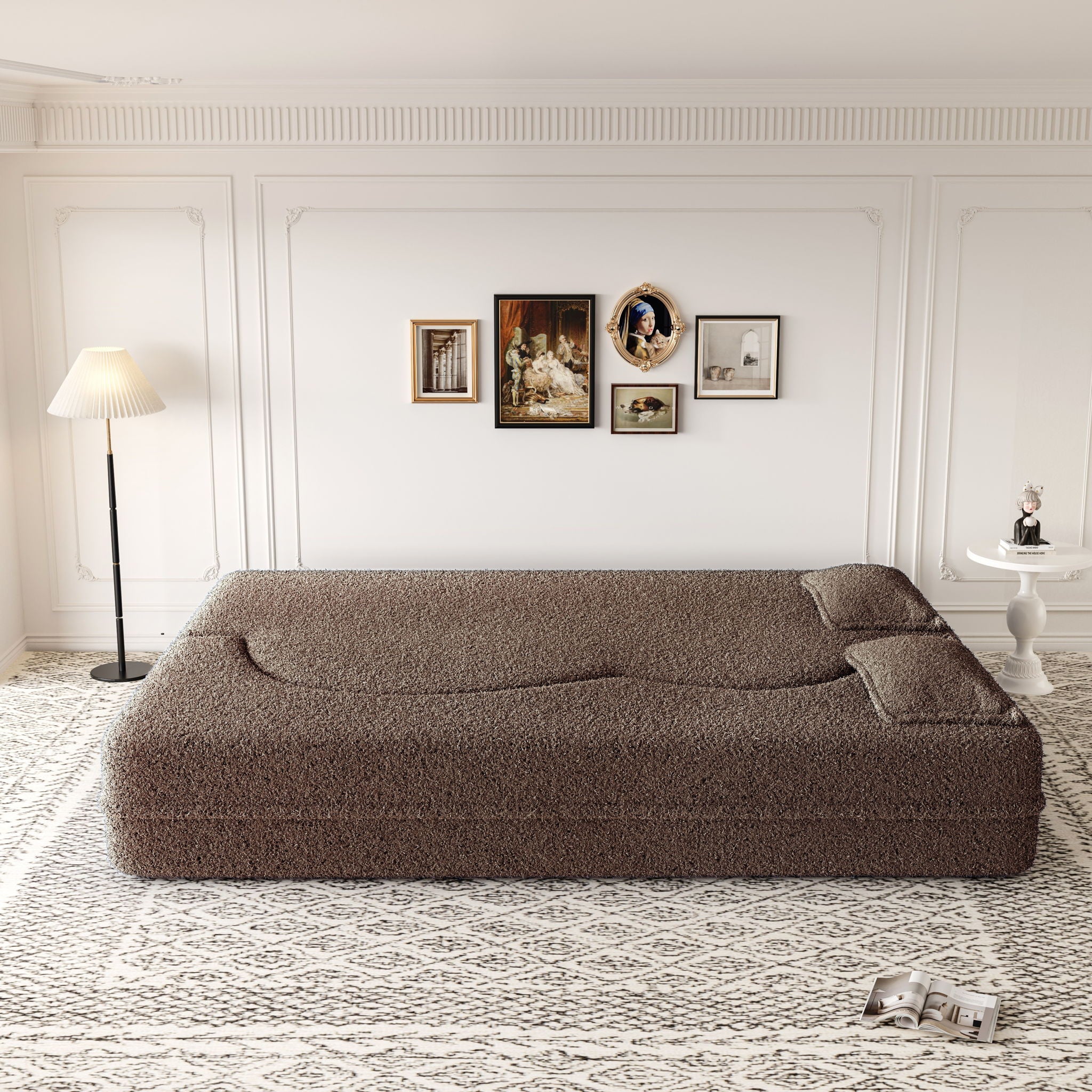Modern Floor Sofa, With 2 Pillows, Convertible Teddy Fabric Foam Filled Bed