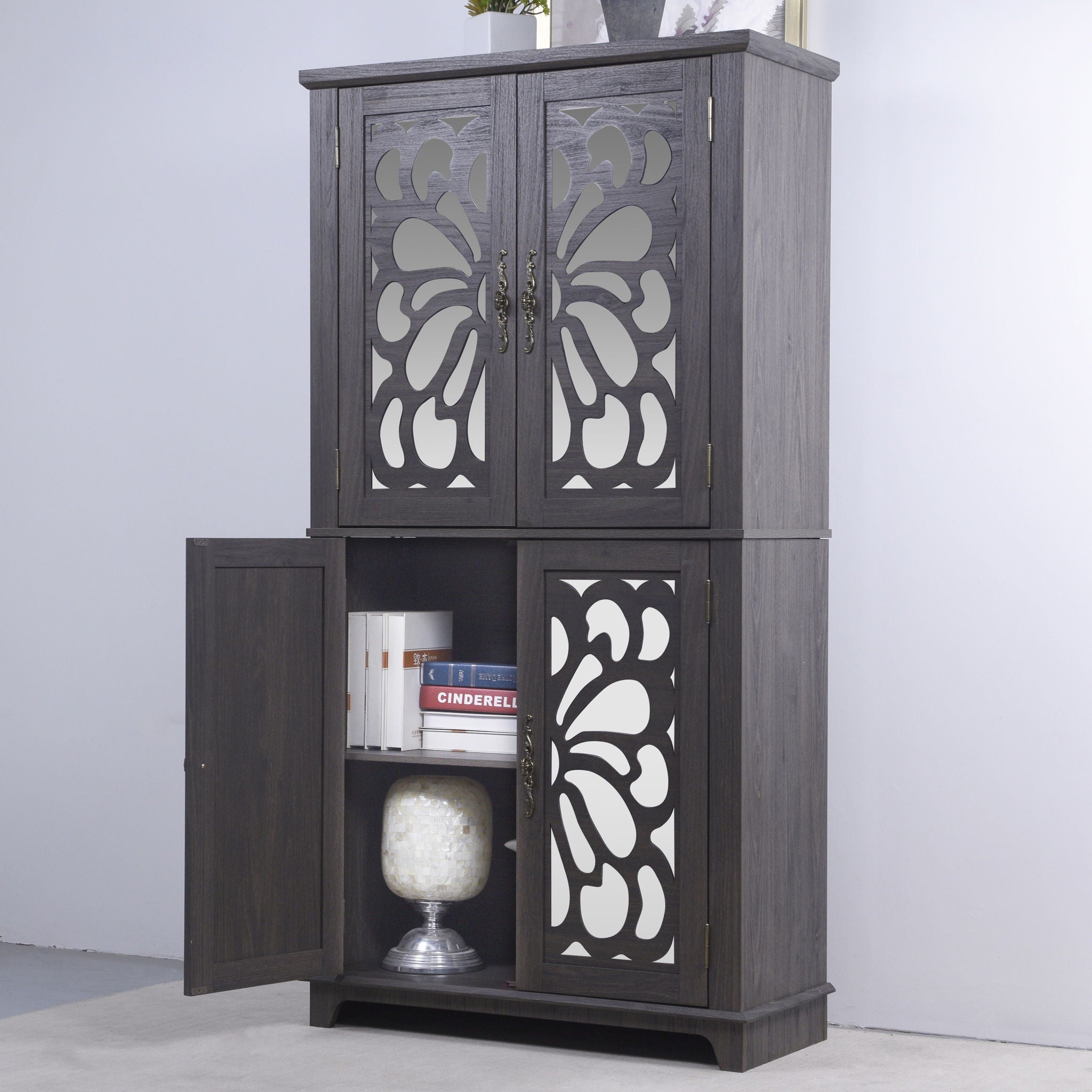 Modern Sideboard Buffet With 4 Mirrored Doors, Adjustable Shelves