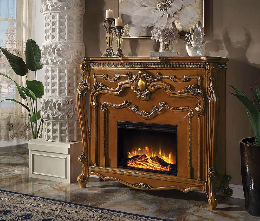 ACME Add a focal piece into any room with the ornate Picardy fireplace in a oak finish. The elaborate details of the mantel include winding carvings, medallion, and carved trim on top. | Meri Furniture