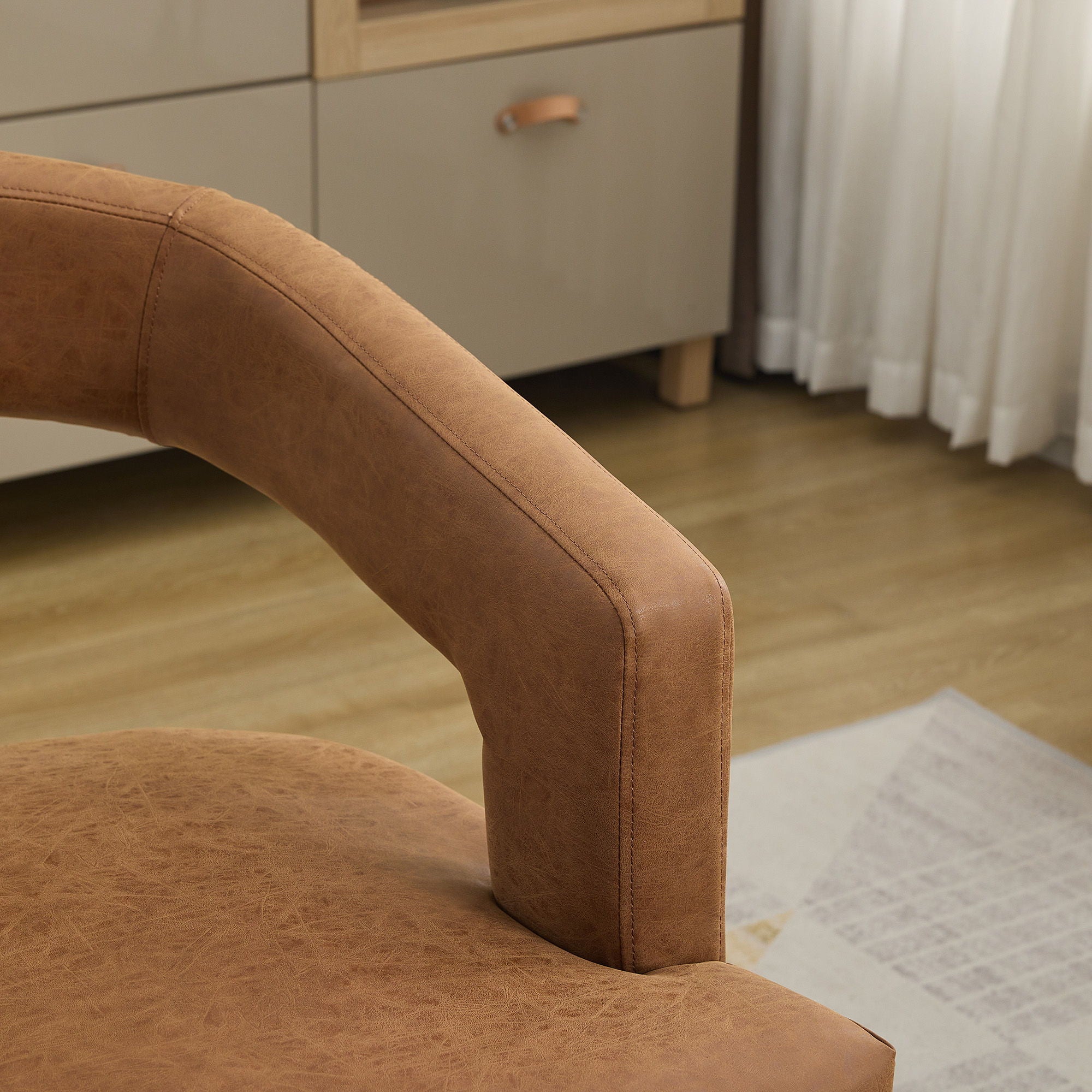 Wide Modern Barrel Open Back Upholstered Accent Chair With Weathered Solid Wood Legs