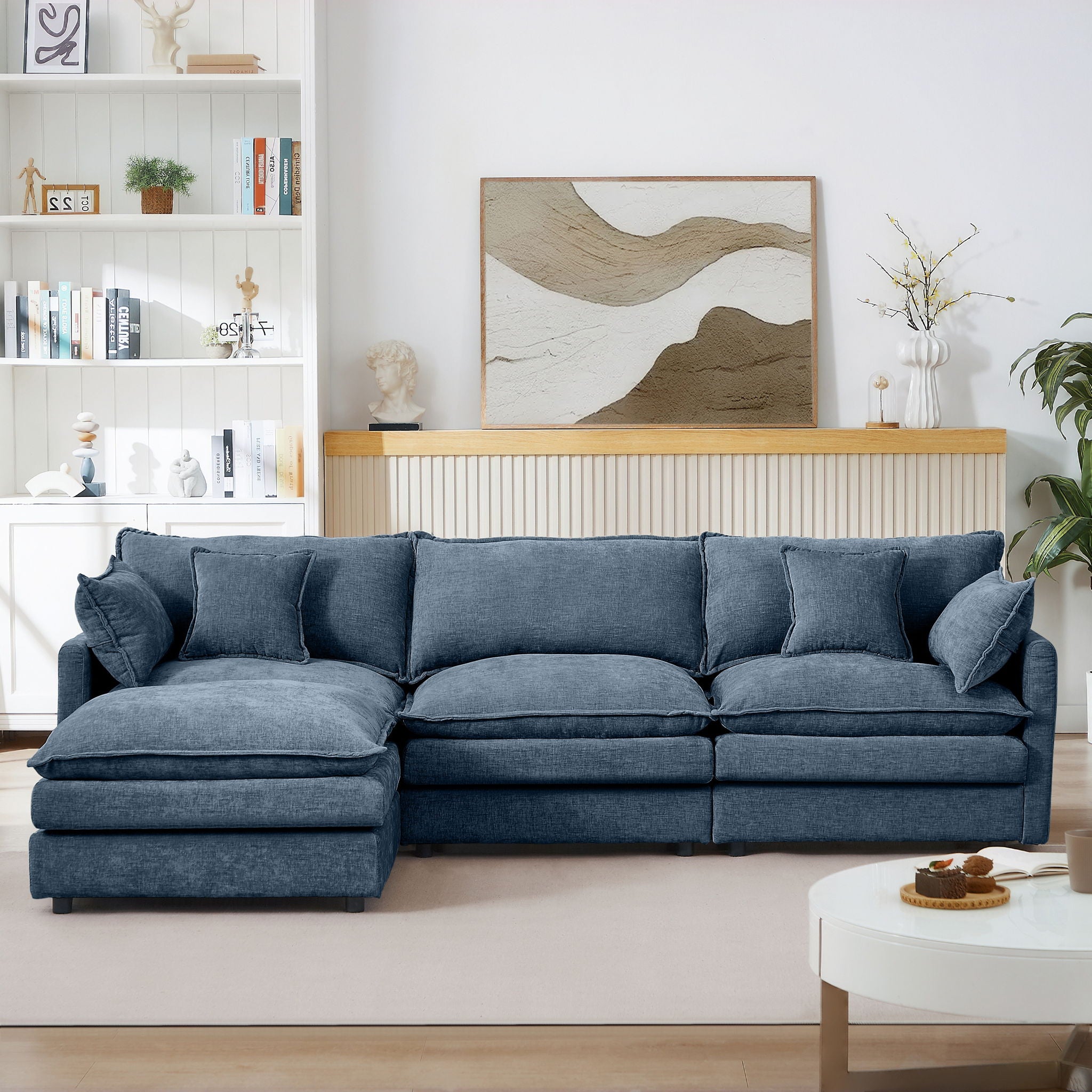 L Shaped Modular Sectional Sofa With Movable Ottoman, 3 Seater Comfortable Seating