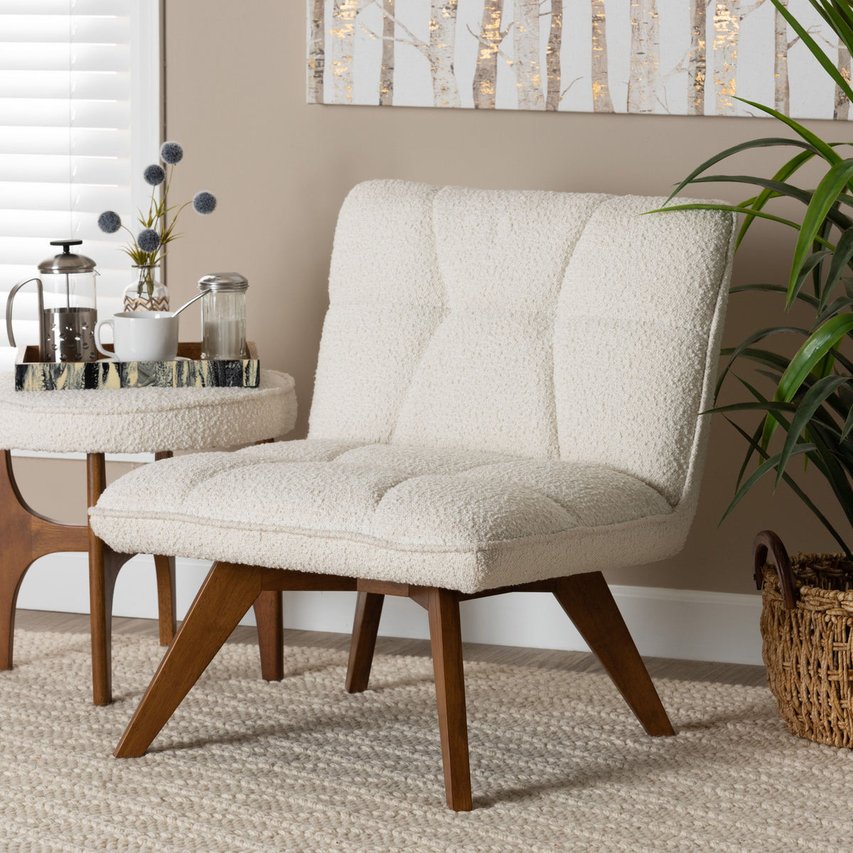 Darielle Japandi Cream Boucle Fabric and Walnut Brown Finished Rubberwood Accent Chair