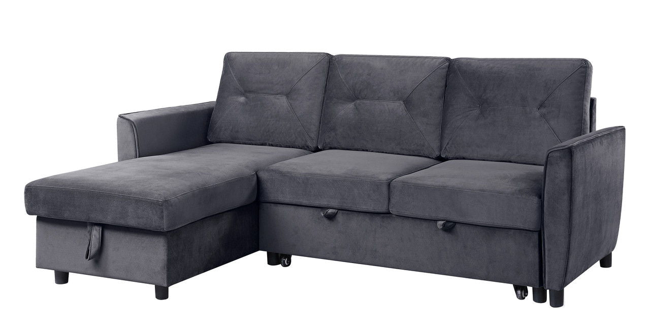 Hudson 83"W Dark Gray Velvet Reversible Sleeper Sectional Sofa with Storage Chaise